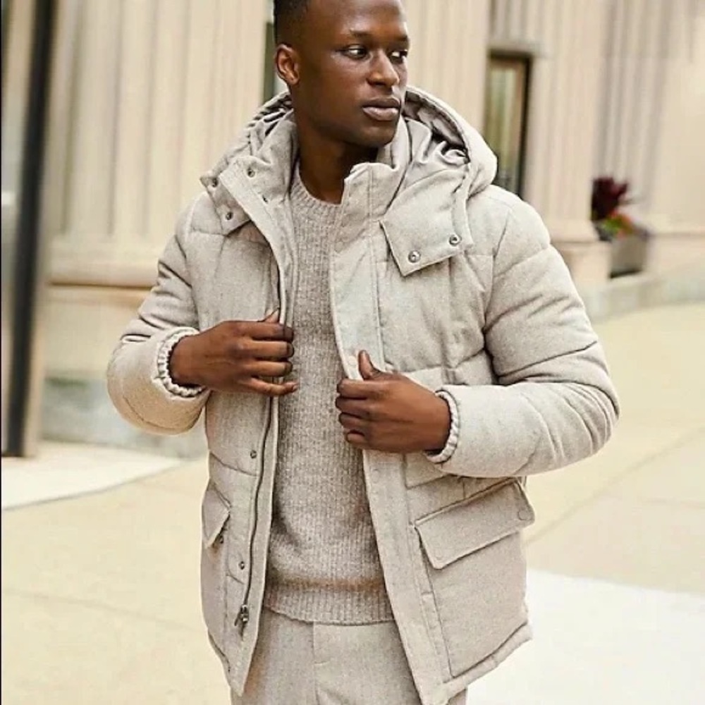 EXPRESS MEN’S TAN HERRINGBONE PUFFER COAT SZ XL